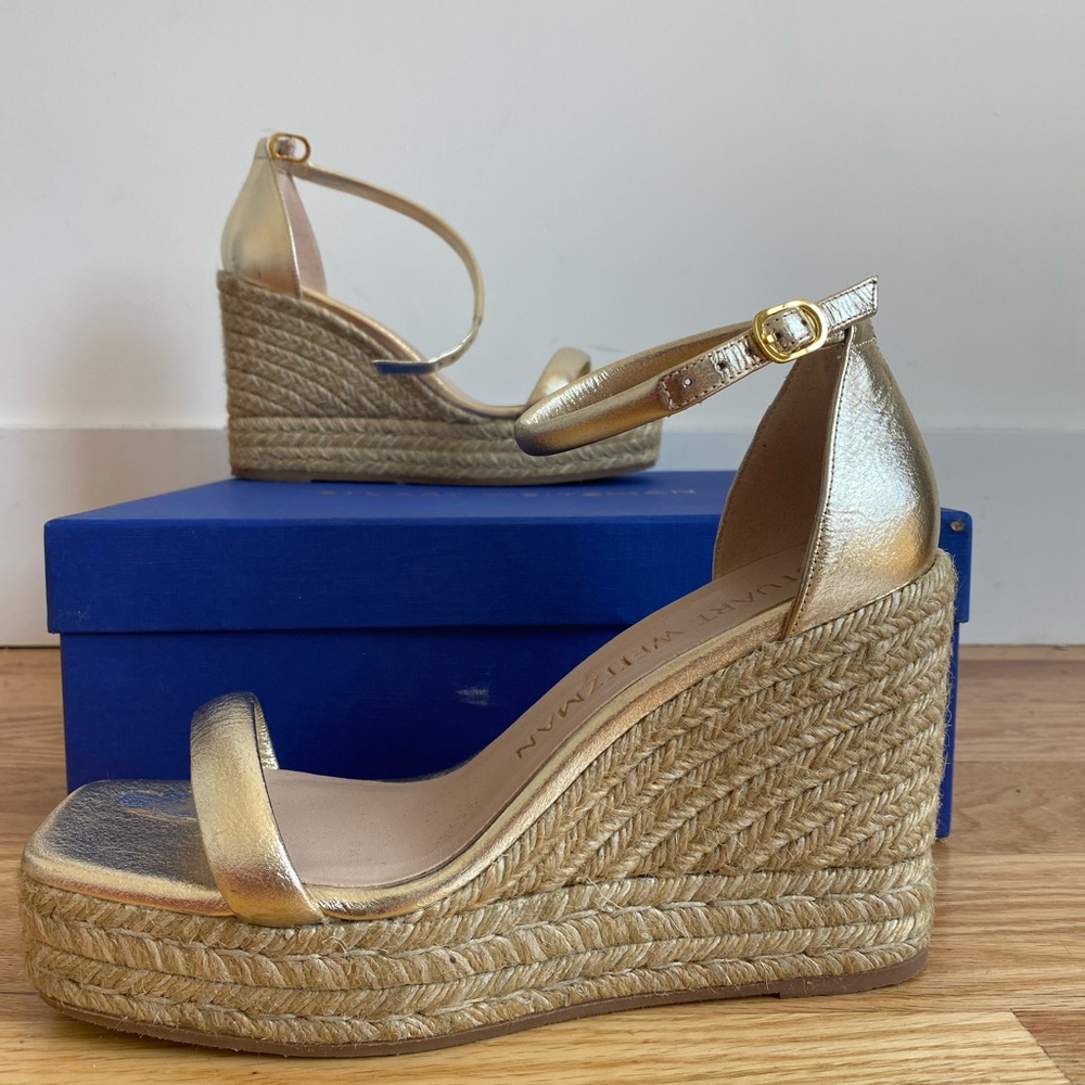 Stuart Weitzman square-toe gold platform wedges